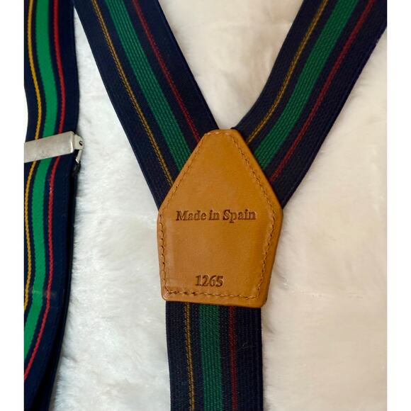 RARE Magnanni Braces Suspenders Leather Made in Spain Navy Blue Stripe Green Red - Picture 4 of 8